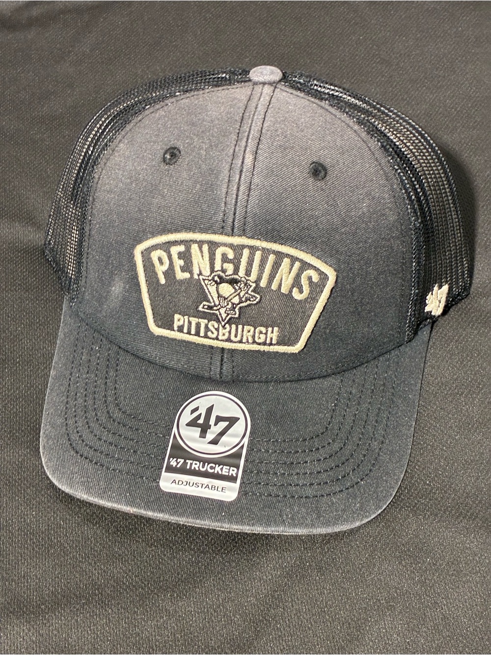 '47 Pittsburgh Penguins Distressed Trucker snap back Hat with Cream Patch